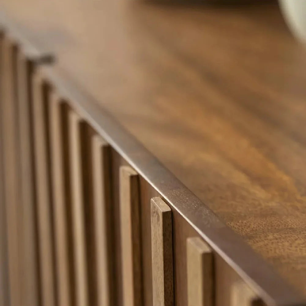 Modern Fluted Mango Wood Living Room Cabinet | Natural Finish Storage Unit | Contemporary Media Console | RIVO HOMES