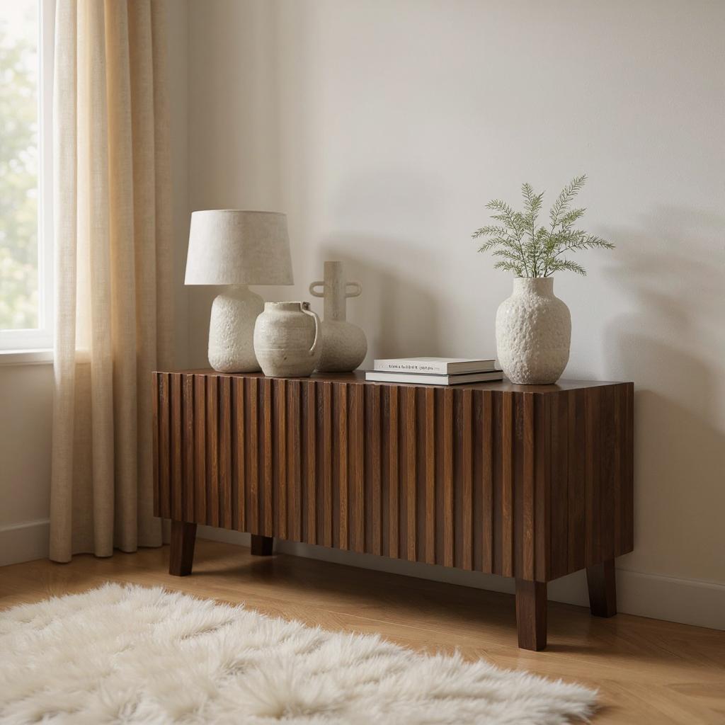 Modern Fluted Mango Wood Living Room Cabinet | Natural Finish Storage Unit | Contemporary Media Console | RIVO HOMES