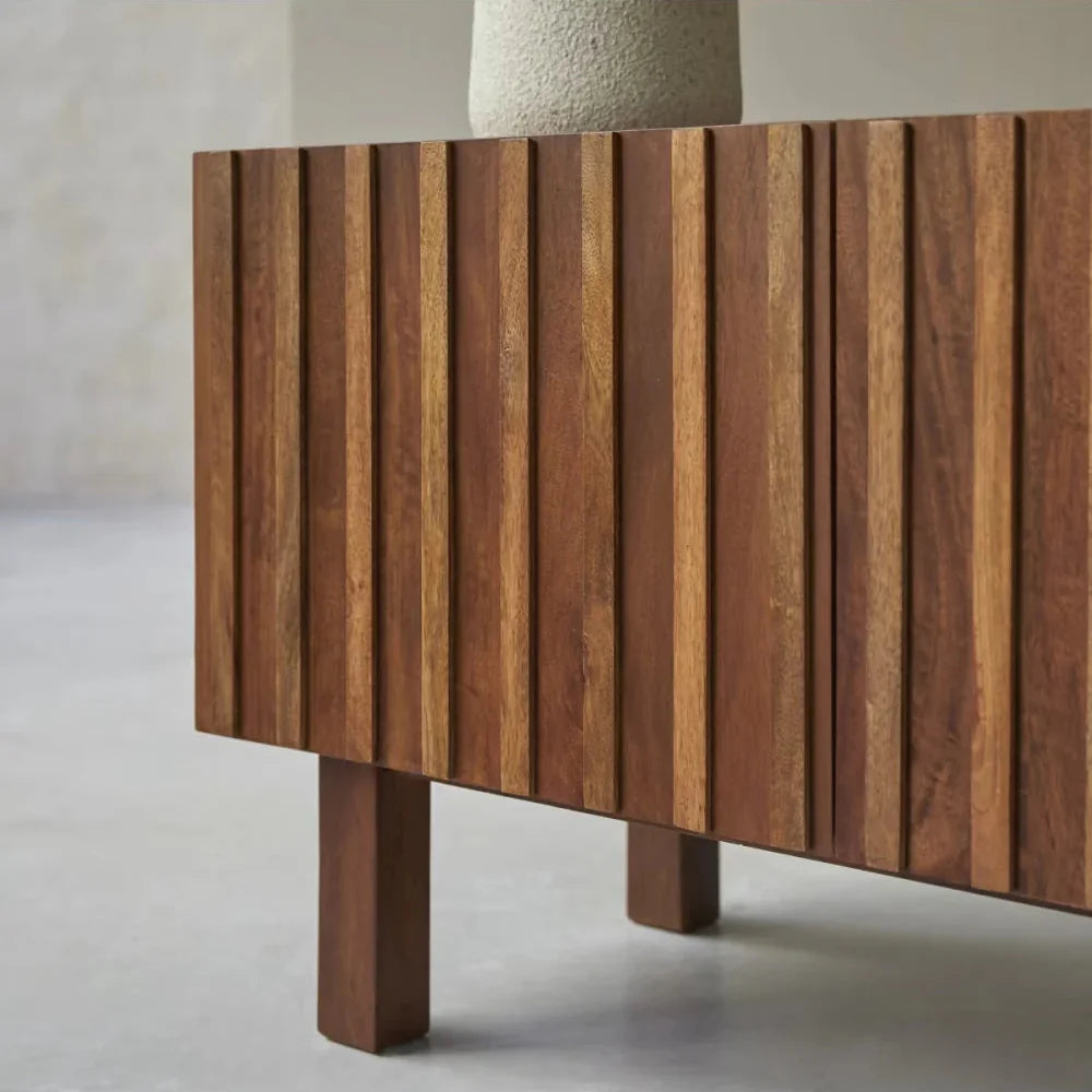 Modern Fluted Mango Wood Living Room Cabinet | Natural Finish Storage Unit | Contemporary Media Console | RIVO HOMES