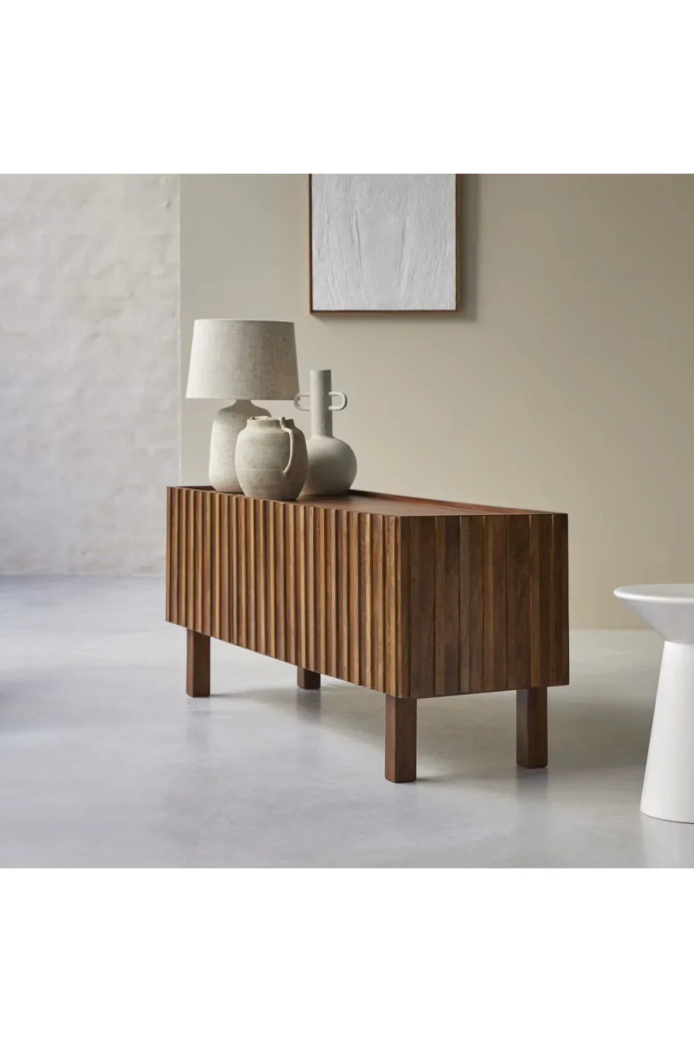 Modern Fluted Mango Wood Living Room Cabinet | Natural Finish Storage Unit | Contemporary Media Console | RIVO HOMES