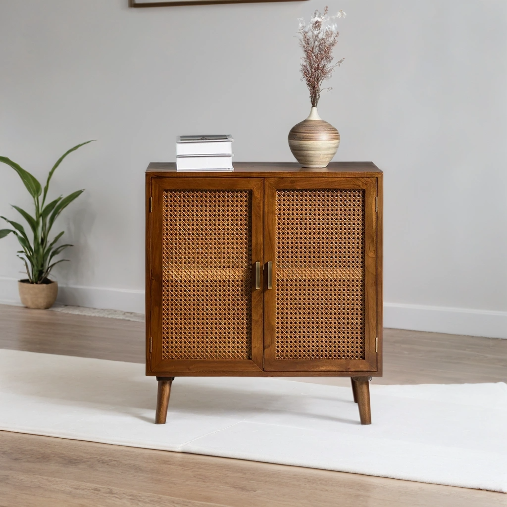 Handcrafted Mango Wood & Rattan 2-Door Accent Cabinet | Boho Storage Unit | Cane Weave Cabinet | RIVO HOMES