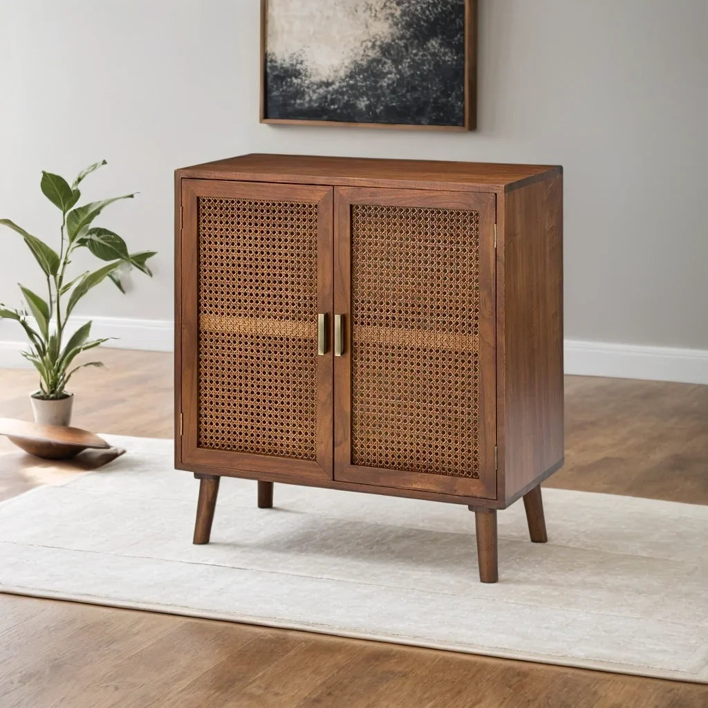Handcrafted Mango Wood & Rattan 2-Door Accent Cabinet | Boho Storage Unit | Cane Weave Cabinet | RIVO HOMES