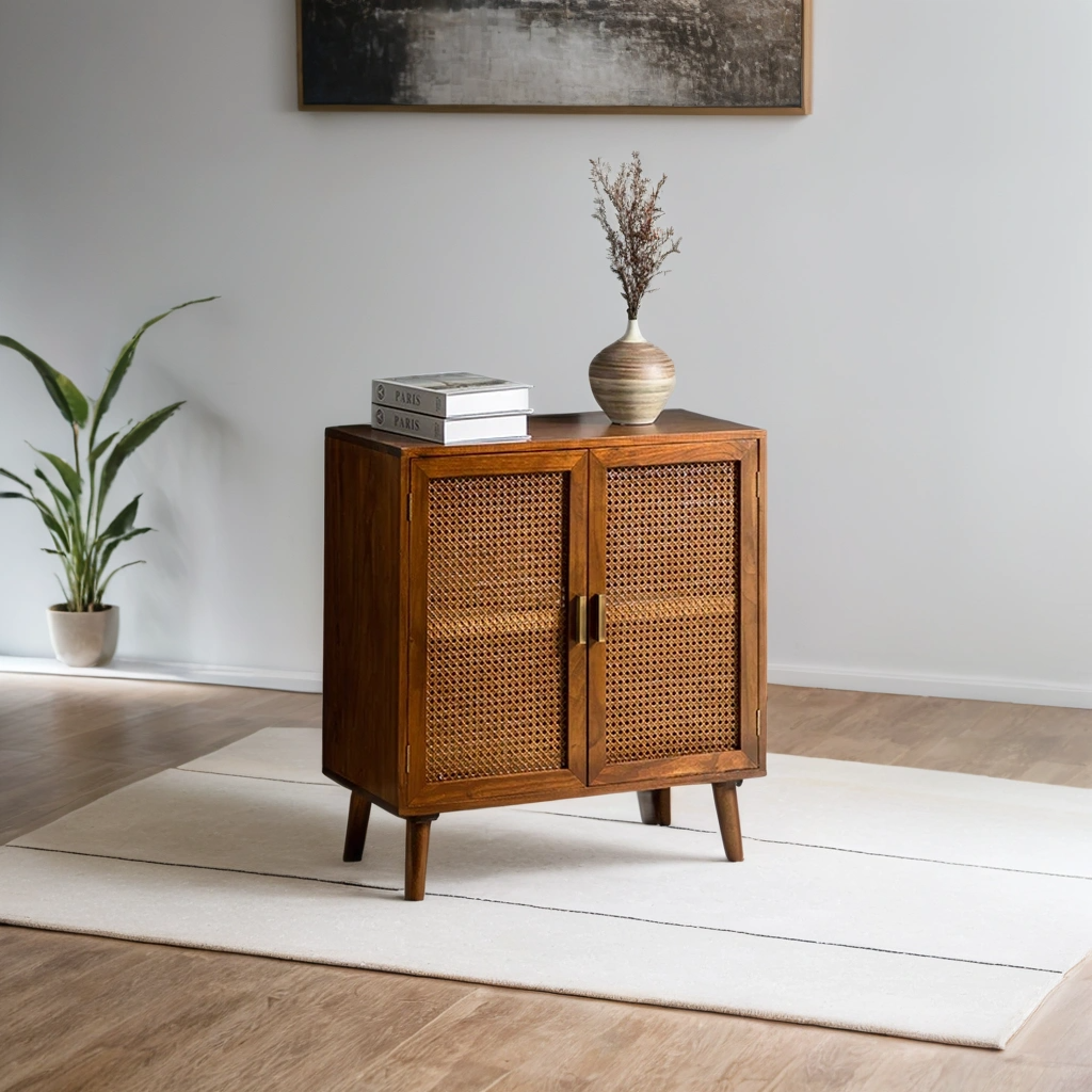 Handcrafted Mango Wood & Rattan 2-Door Accent Cabinet | Boho Storage Unit | Cane Weave Cabinet | RIVO HOMES