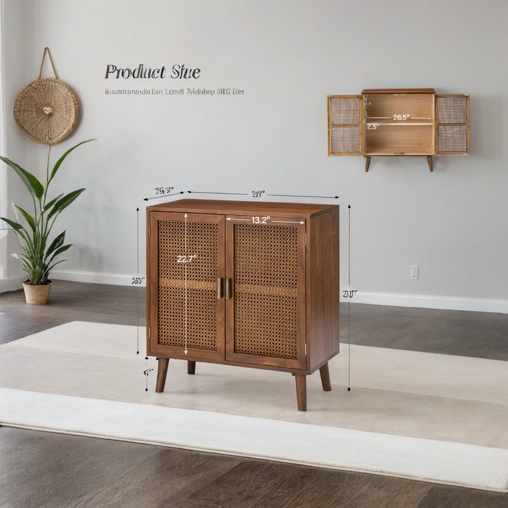 Handcrafted Mango Wood & Rattan 2-Door Accent Cabinet | Boho Storage Unit | Cane Weave Cabinet | RIVO HOMES
