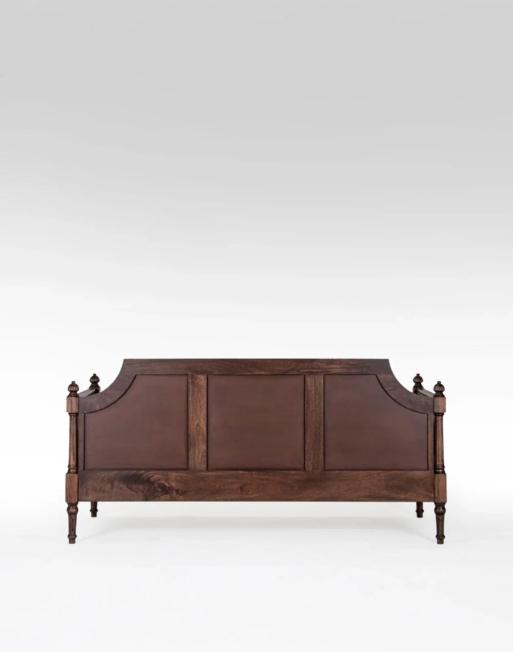 Wooden bed with a dark brown finish on a white background