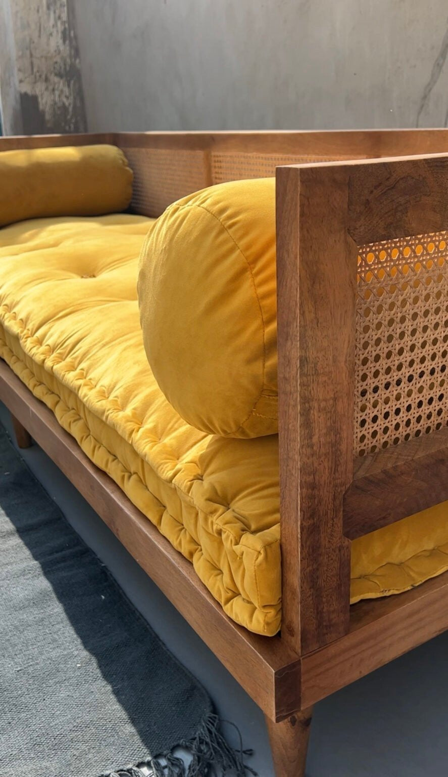Aesthetic Cane Daybed Sofa | Handcrafted Mango Wood Lounger with Yellow Cushion & Bolsters | Bohemian Living Room Furniture | RIVO HOMES