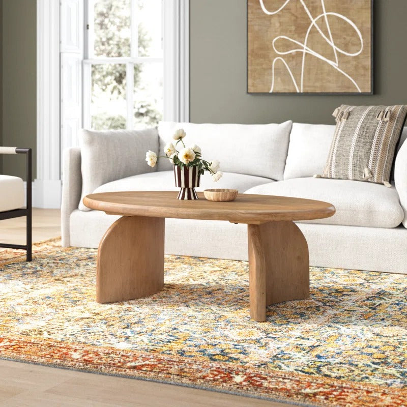 Oval Solid Wood Coffee Table | Modern Sculptural Base | Natural Wood Living Room Centerpiece | RIVO HOMES