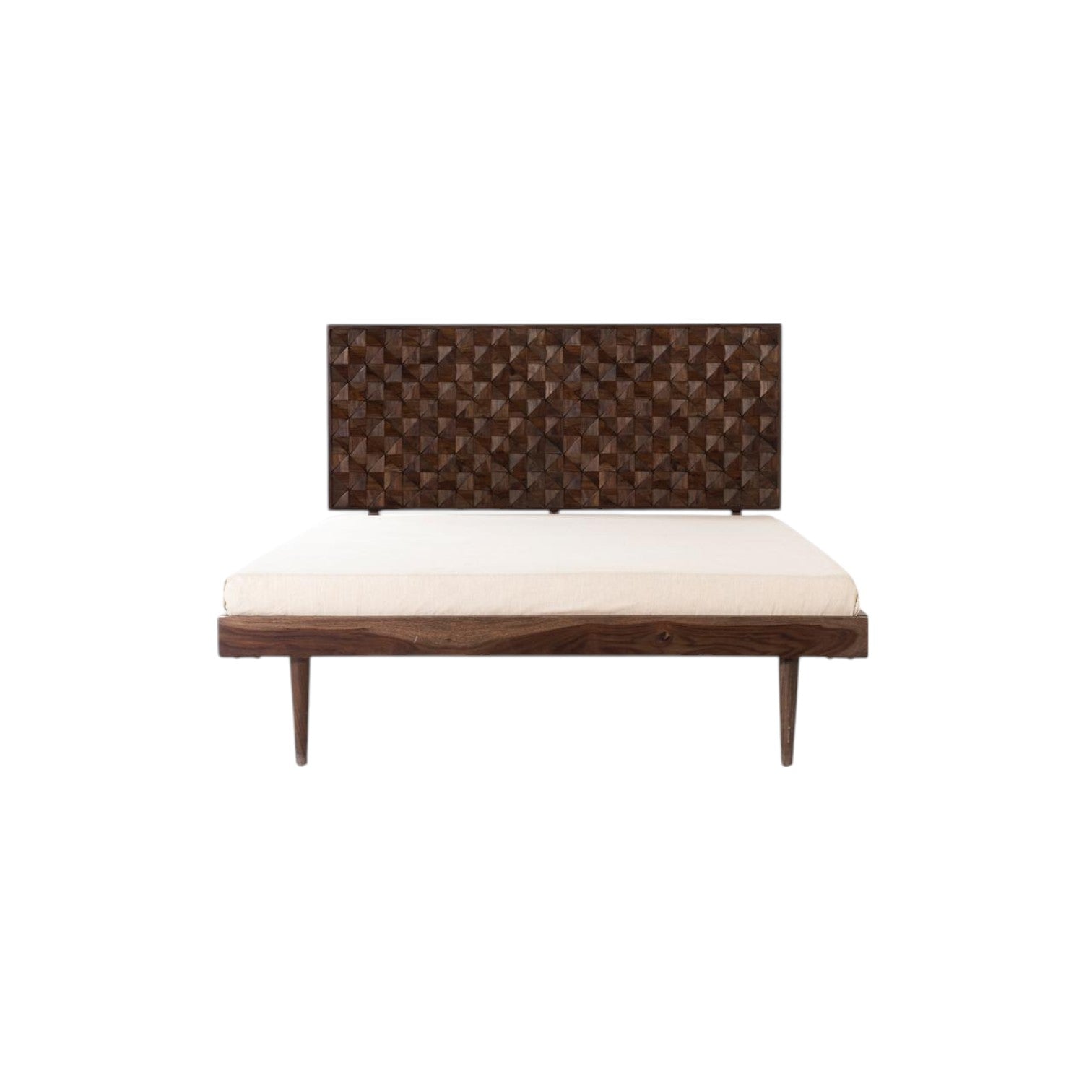 Prism Queen Bed | Handcrafted Sheesham Wood Bed with Geometric Headboard | RIVO HOMES