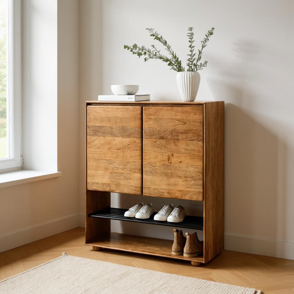 Nest 6-Tier Solid Mango Wood Shoe Cabinet – Handcrafted Organizer in Teak Finish by RIVO HOMES