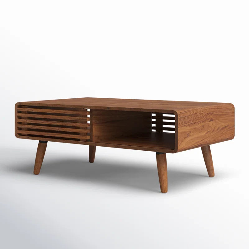 Mid-Century Modern Slatted Wood Coffee Table | Walnut Finish | Integrated Storage | Living Room Centerpiece | RIVO HOMES