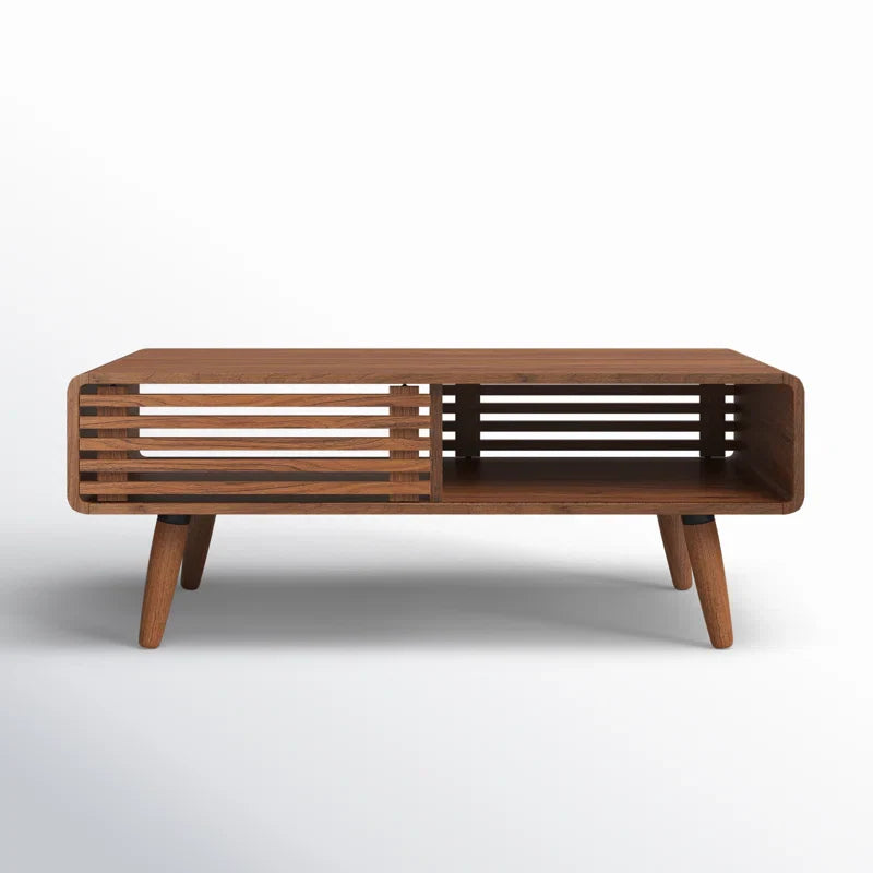 Mid-Century Modern Slatted Wood Coffee Table | Walnut Finish | Integrated Storage | Living Room Centerpiece | RIVO HOMES