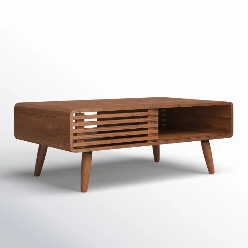 Mid-Century Modern Slatted Wood Coffee Table | Walnut Finish | Integrated Storage | Living Room Centerpiece | RIVO HOMES
