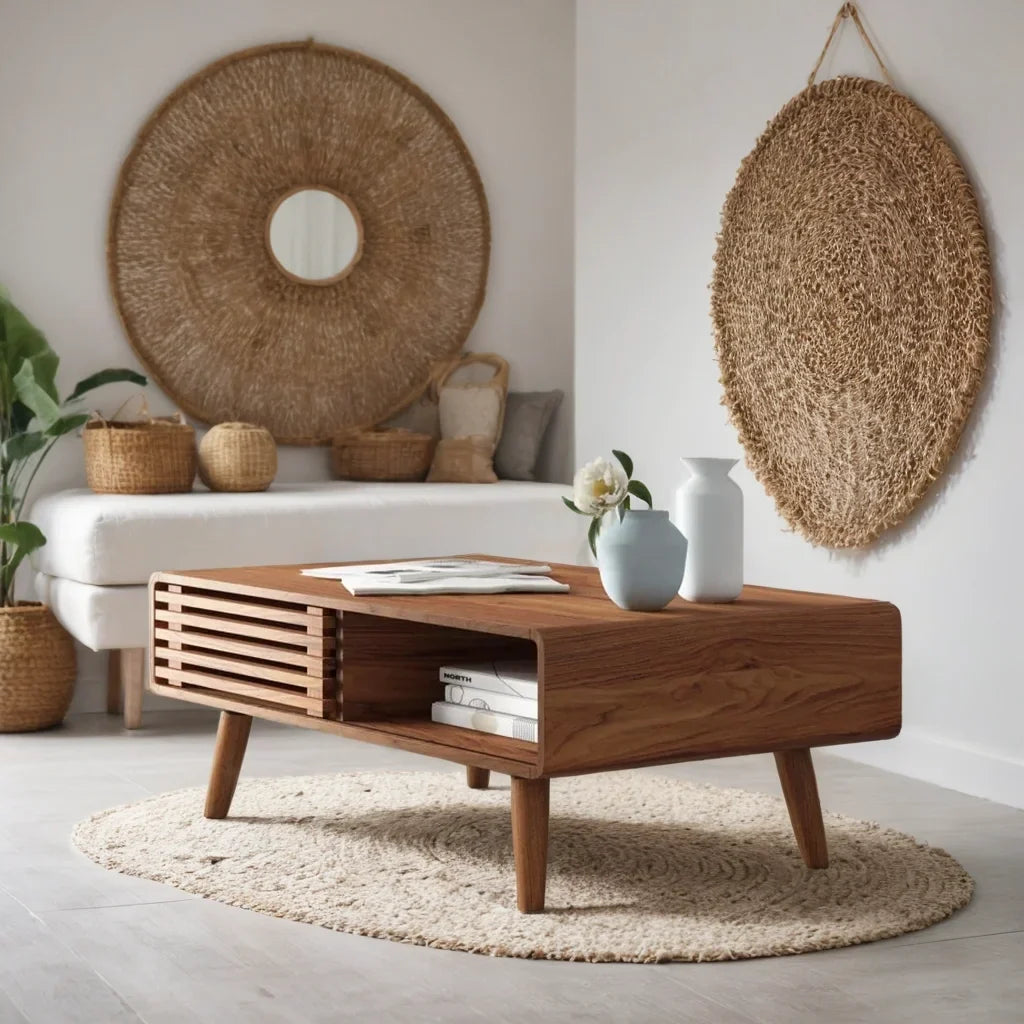 Mid-Century Modern Slatted Wood Coffee Table | Walnut Finish | Integrated Storage | Living Room Centerpiece | RIVO HOMES