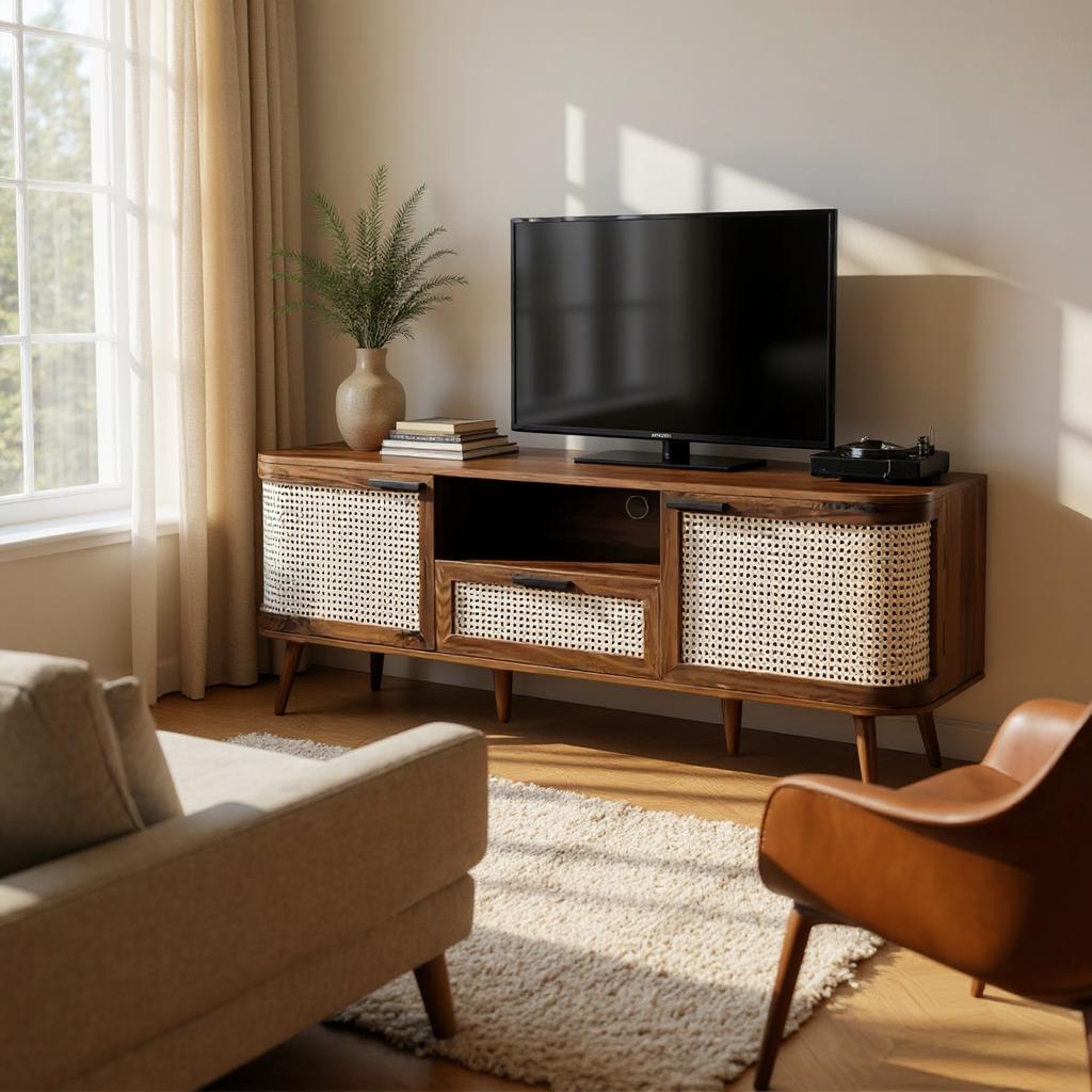 RetraVida Cane & Solid Mango Wood TV Unit – Walnut Finish, Handcrafted Media Console by RIVO HOMES