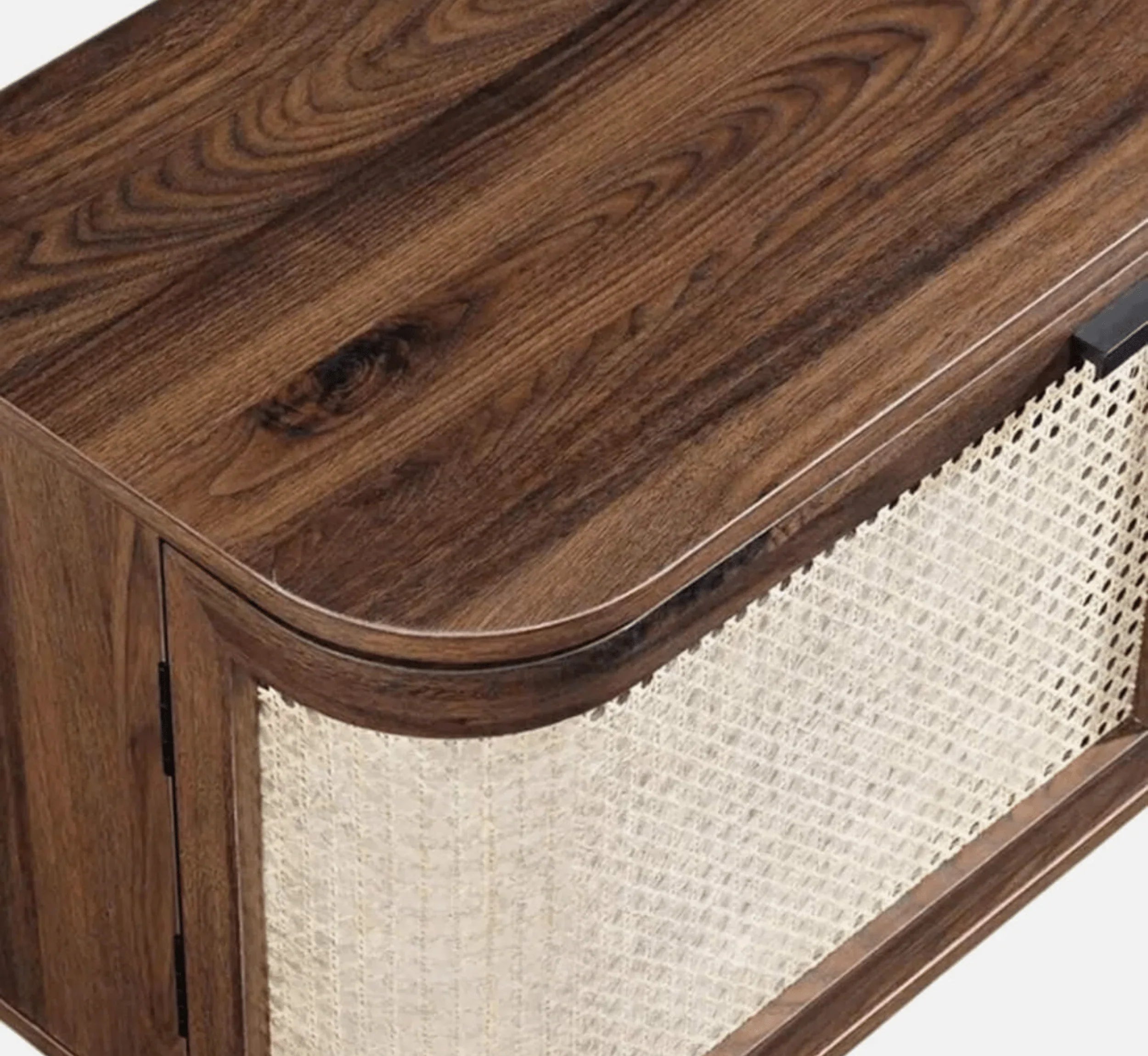 RetraVida Cane & Solid Mango Wood TV Unit – Walnut Finish, Handcrafted Media Console by RIVO HOMES