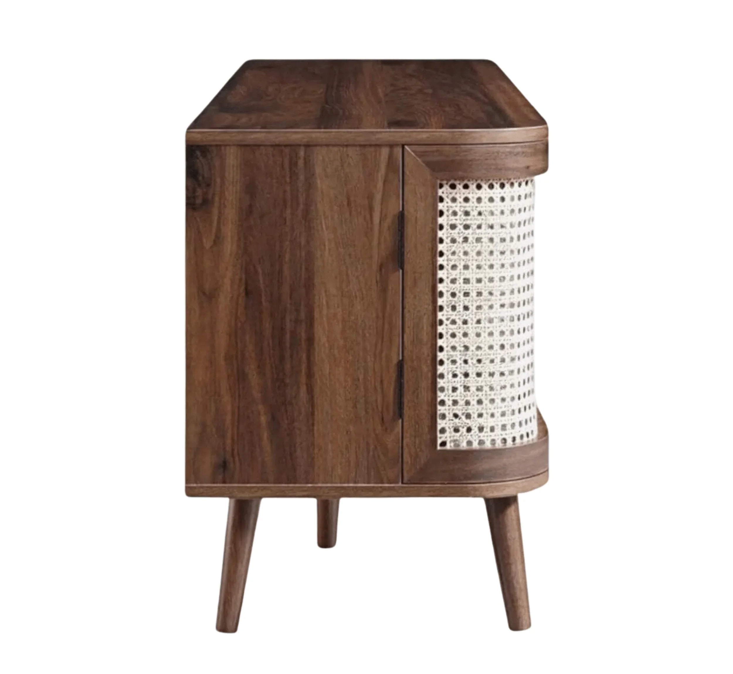 RetraVida Cane & Solid Mango Wood TV Unit – Walnut Finish, Handcrafted Media Console by RIVO HOMES