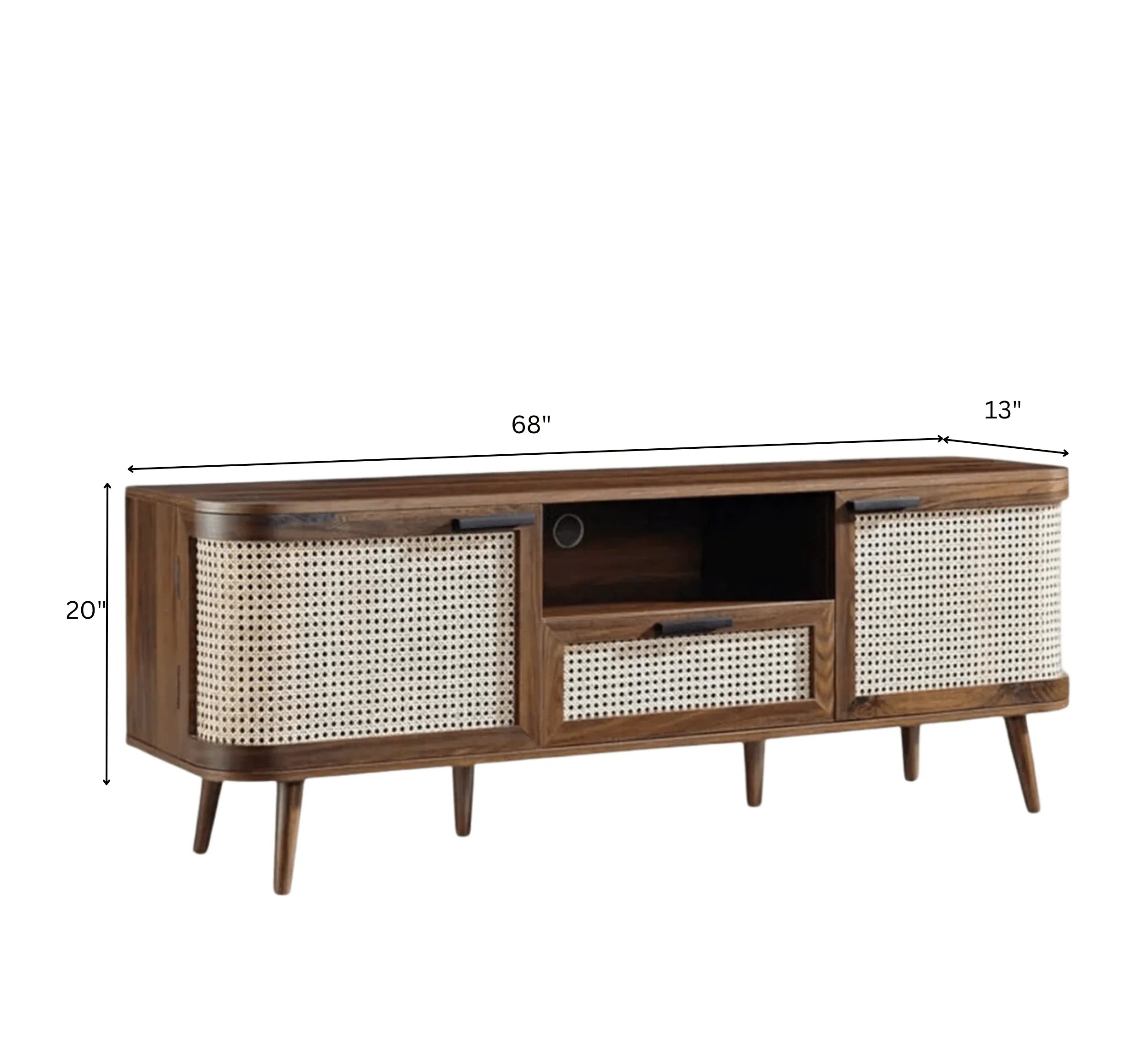 RetraVida Cane & Solid Mango Wood TV Unit – Walnut Finish, Handcrafted Media Console by RIVO HOMES