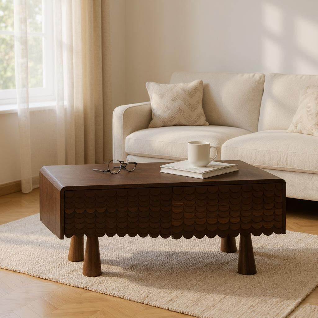 MangoNest Solid Mango Wood Center Table with 2 Drawers – Dark Walnut Finish, Handcrafted by RIVO HOMES