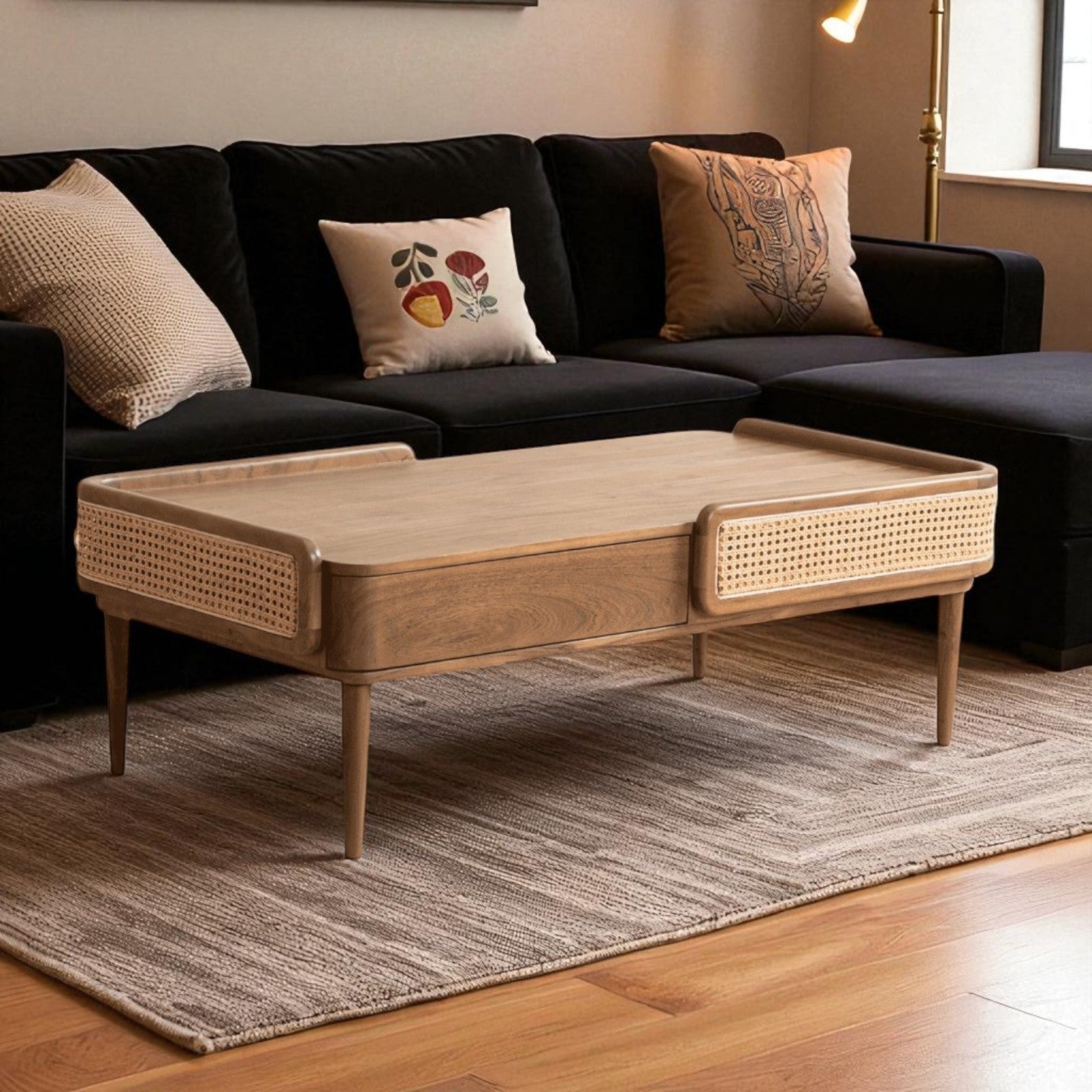 Linea Coffee Table | Handcrafted Mango Wood & Cane Living Room Table | RIVO HOMES