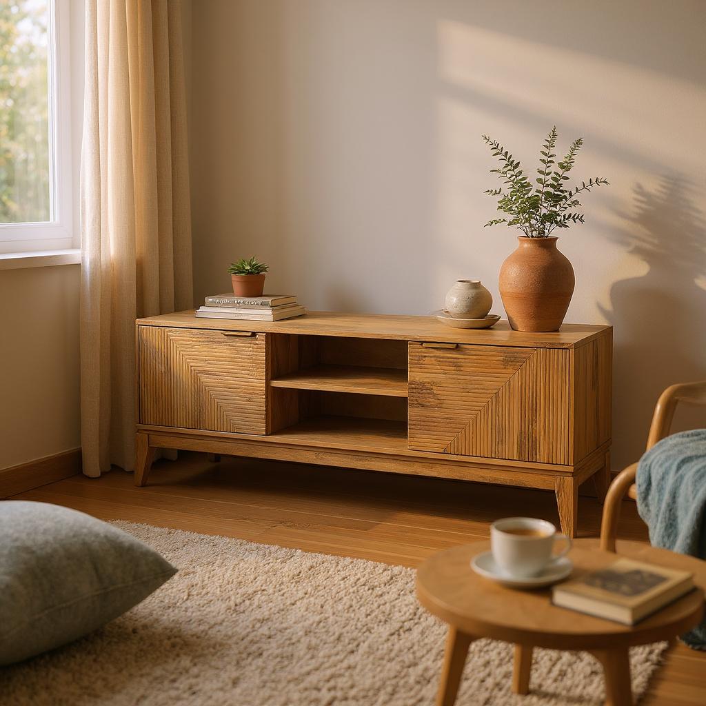 Handcrafted Mango Wood & Rattan Coffee Table with Open Storage | Mid-Century Modern Living Room Centerpiece | RIVO HOMES