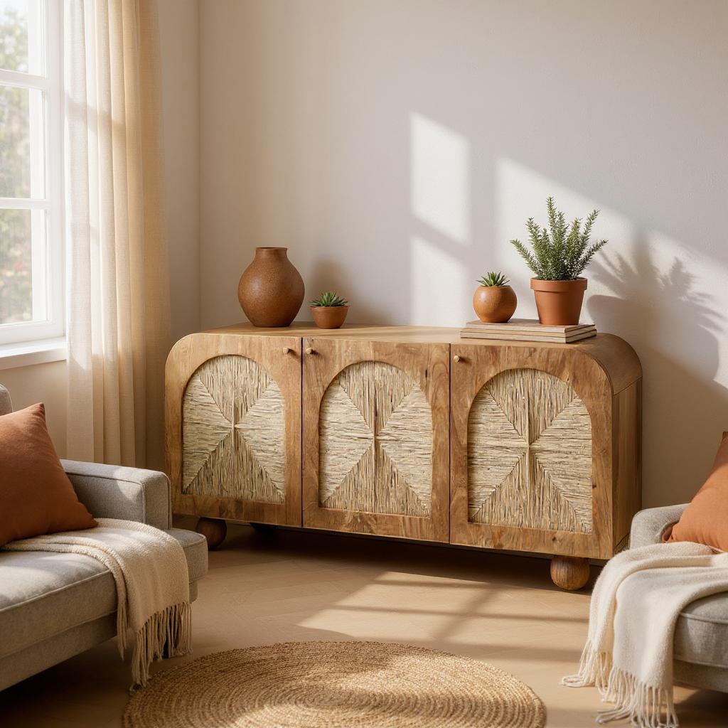 Arcadia Sideboard | Handcrafted Solid Mango Wood Cabinet with Woven Doors | RIVO HOMES