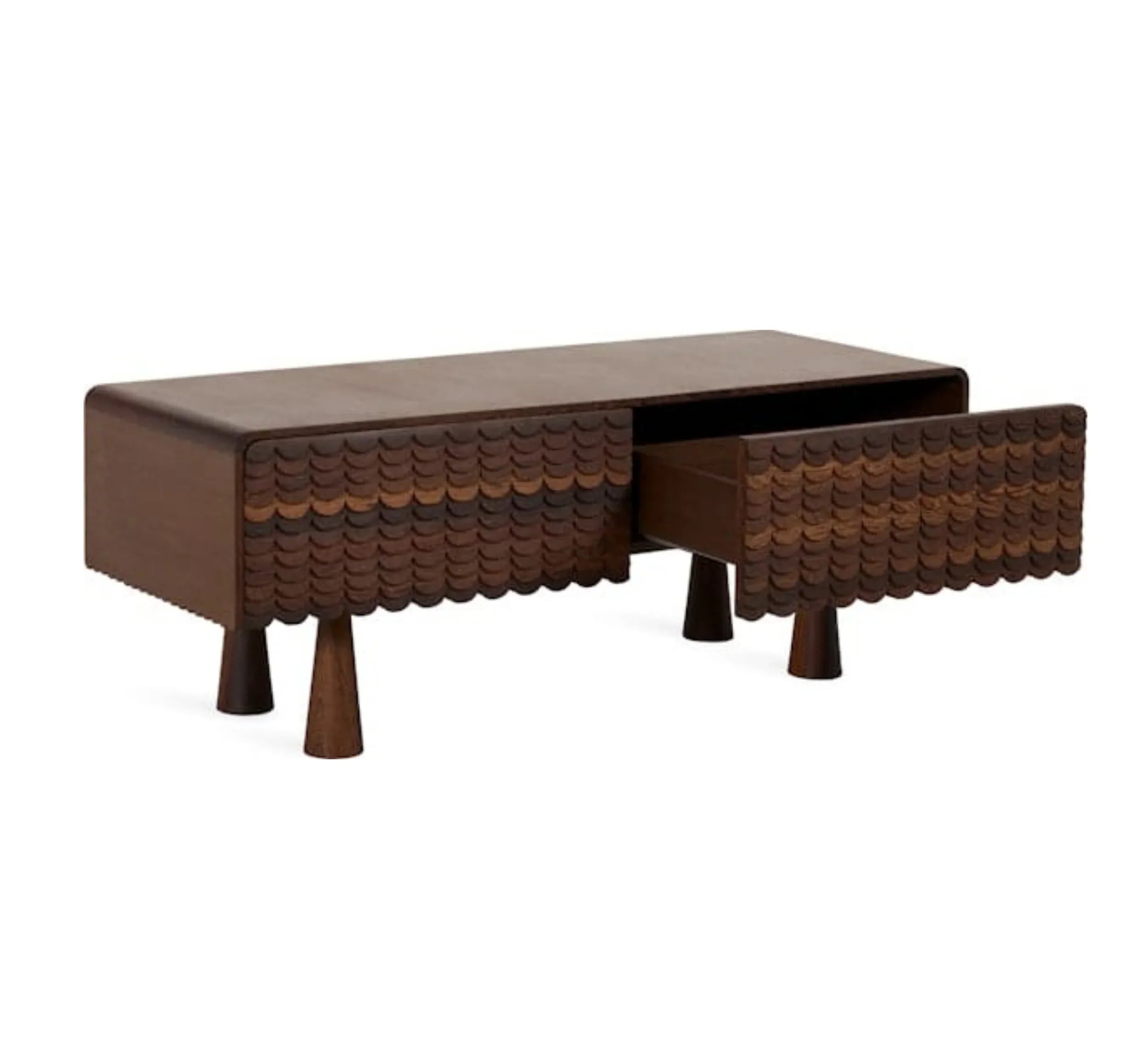 MangoNest Solid Mango Wood Center Table with 2 Drawers – Dark Walnut Finish, Handcrafted by RIVO HOMES