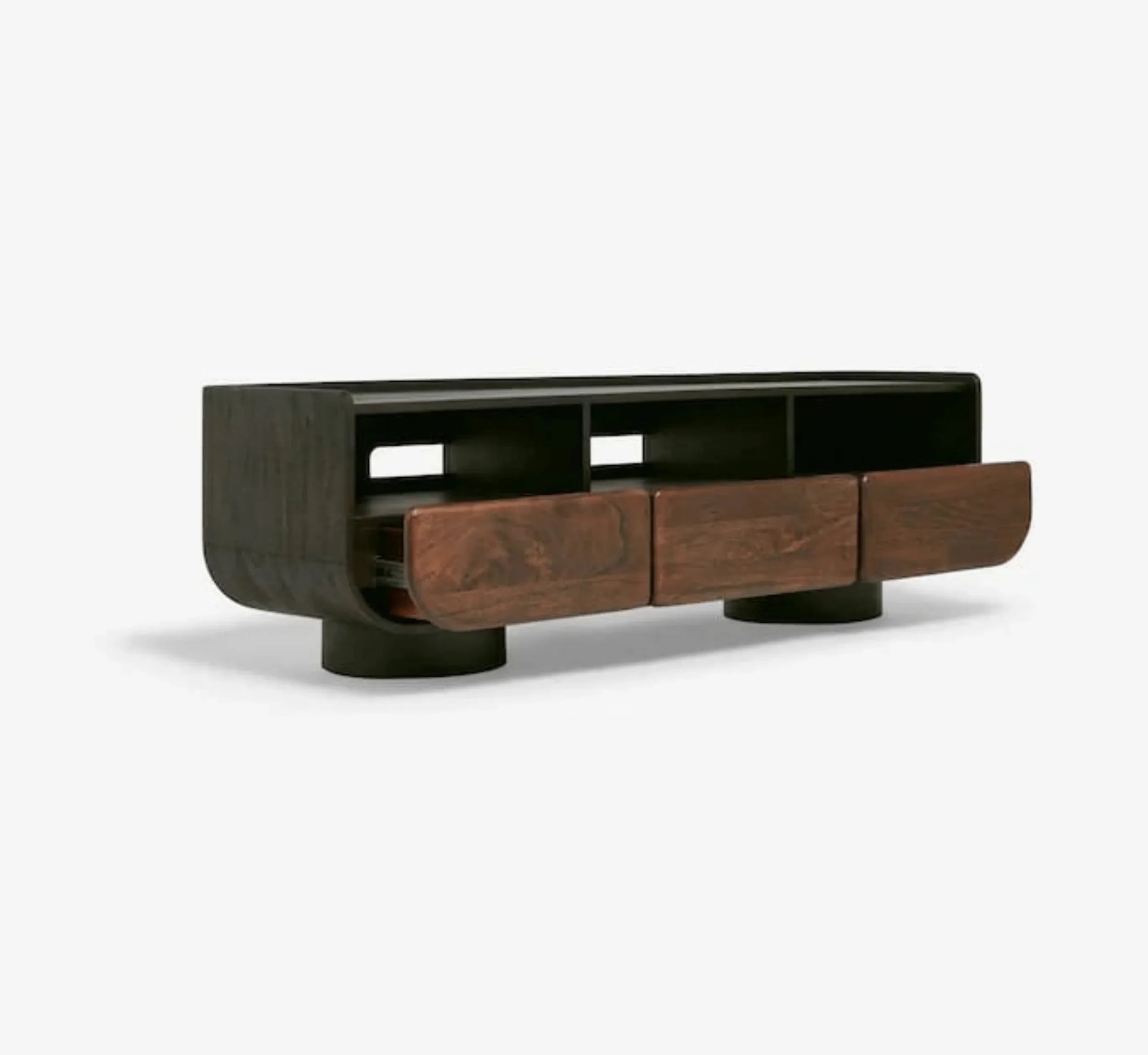 NoirModern Black-Walnut Solid Mango Wood TV Console – Handcrafted Entertainment Unit by RIVO HOMES