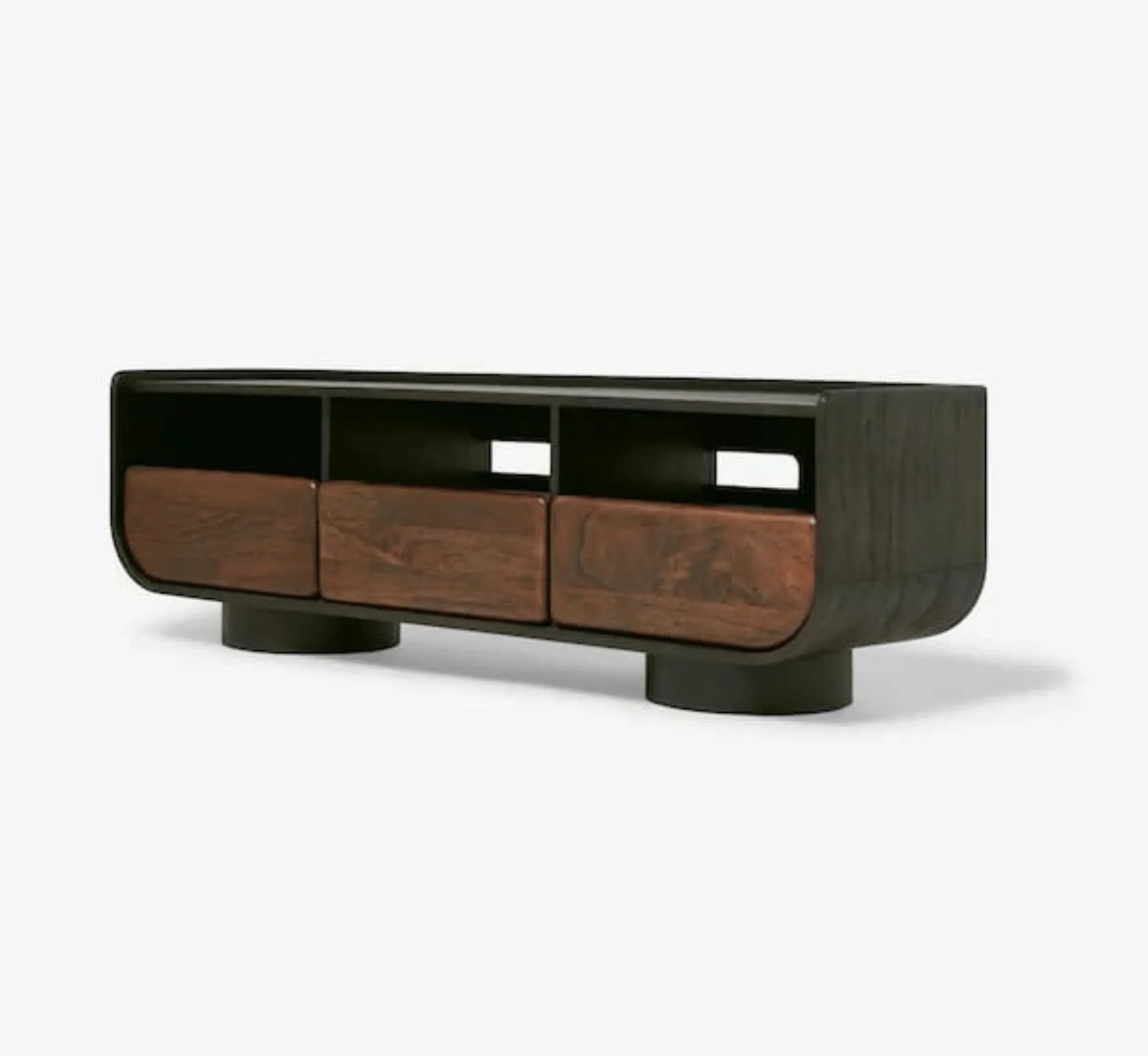 NoirModern Black-Walnut Solid Mango Wood TV Console – Handcrafted Entertainment Unit by RIVO HOMES