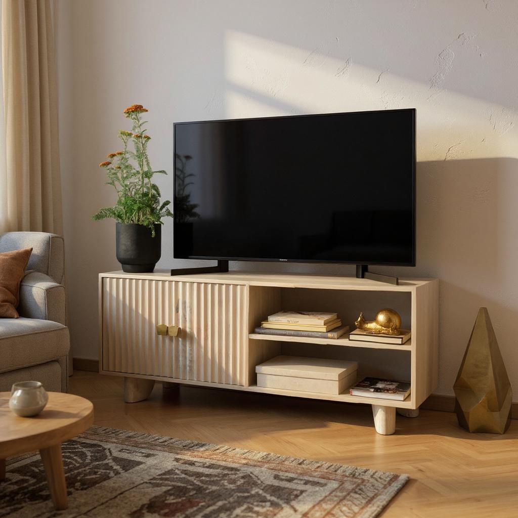 Artisan Fluted Wood TV Unit with Storage | Modern Media Console | Natural Finish Entertainment Center | RIVO HOMES