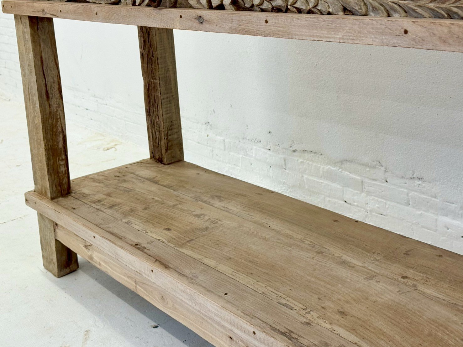 Pavilion Console Table – Rustic Wooden Console Table with Peacock Carvings and Shelf W133 x D42 x H91 cm