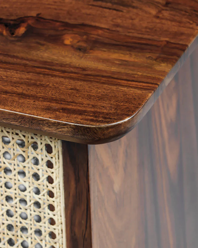 WaltonRattan Modern Side Table – Solid Mango & Sheesham Wood, Rattan Accent, Walnut Finish by RIVO HOMES