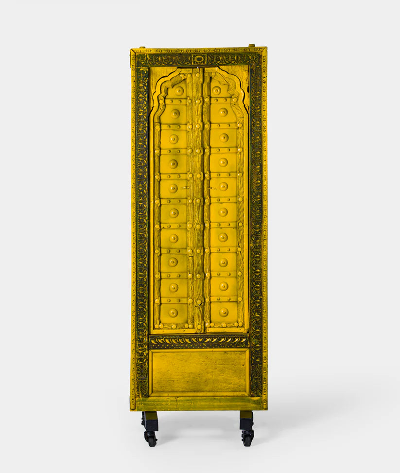 Hand‑Carved Indian Wooden Door — Solid Wood & Iron Stand, 57 × 165 cm, Distressed Minion Yellow