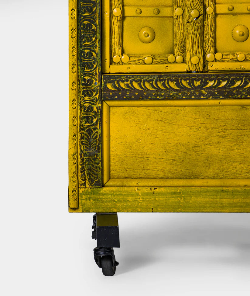 Hand‑Carved Indian Wooden Door — Solid Wood & Iron Stand, 57 × 165 cm, Distressed Minion Yellow