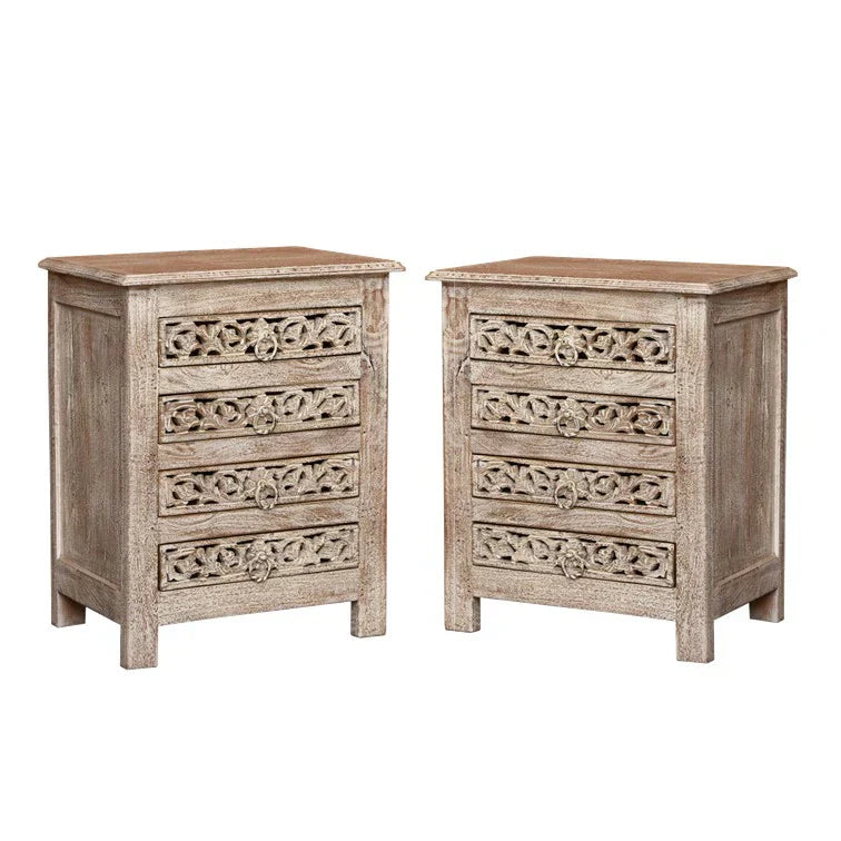 hand carved bedside table, mango wood bedside table, distressed bedside table, nightstand, 4 drawer bedside table, scroll carved bedside table, openwork bedside table, indian carved furniture, bedroom bedside table, bedroom nightstand, bedside storage, compact bedside table, handmade bedside table, artisan made nightstand, premium wood bedside table, quality wood furniture, durable nightstand, sturdy bedside table, timeless nightstand, elegant bedside table, heirloom nightstand, coastal bedside table, shabb