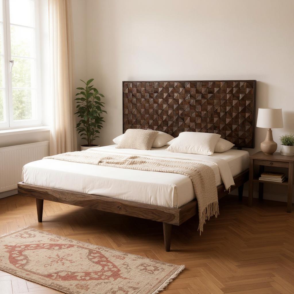 Prism Queen Bed | Handcrafted Sheesham Wood Bed with Geometric Headboard | RIVO HOMES