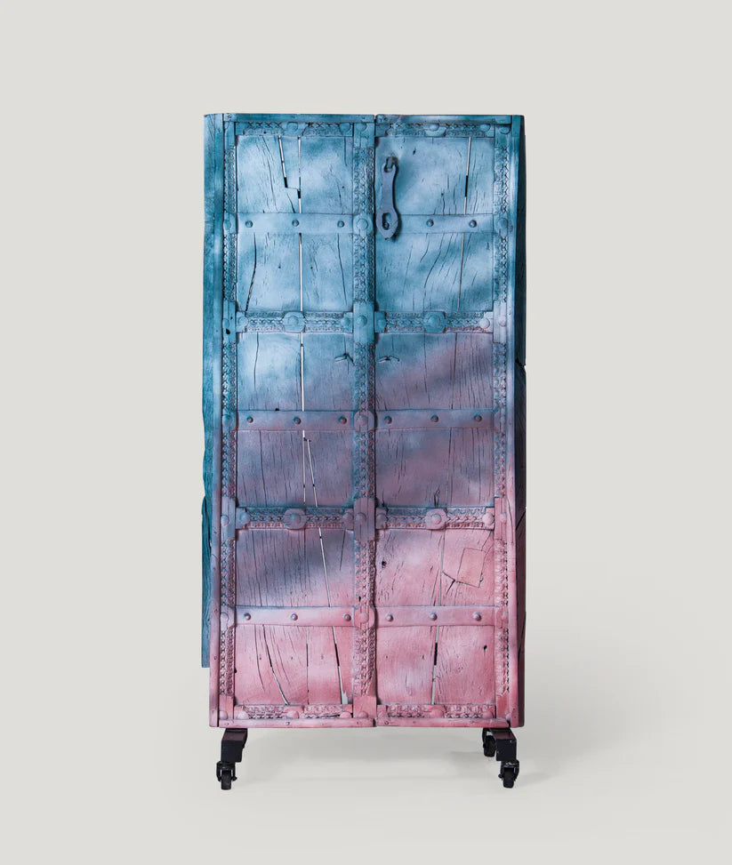 Rajasthani Door — Solid Wood & Iron Stand, 76 × 158 cm, Distressed Blue and Pink