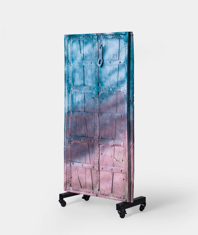 Rajasthani Door — Solid Wood & Iron Stand, 76 × 158 cm, Distressed Blue and Pink