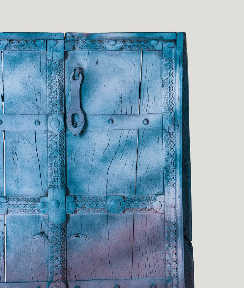Rajasthani Door — Solid Wood & Iron Stand, 76 × 158 cm, Distressed Blue and Pink