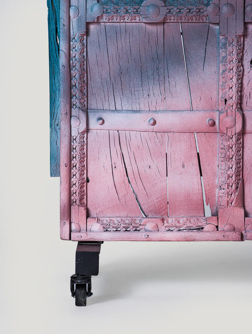 Rajasthani Door — Solid Wood & Iron Stand, 76 × 158 cm, Distressed Blue and Pink