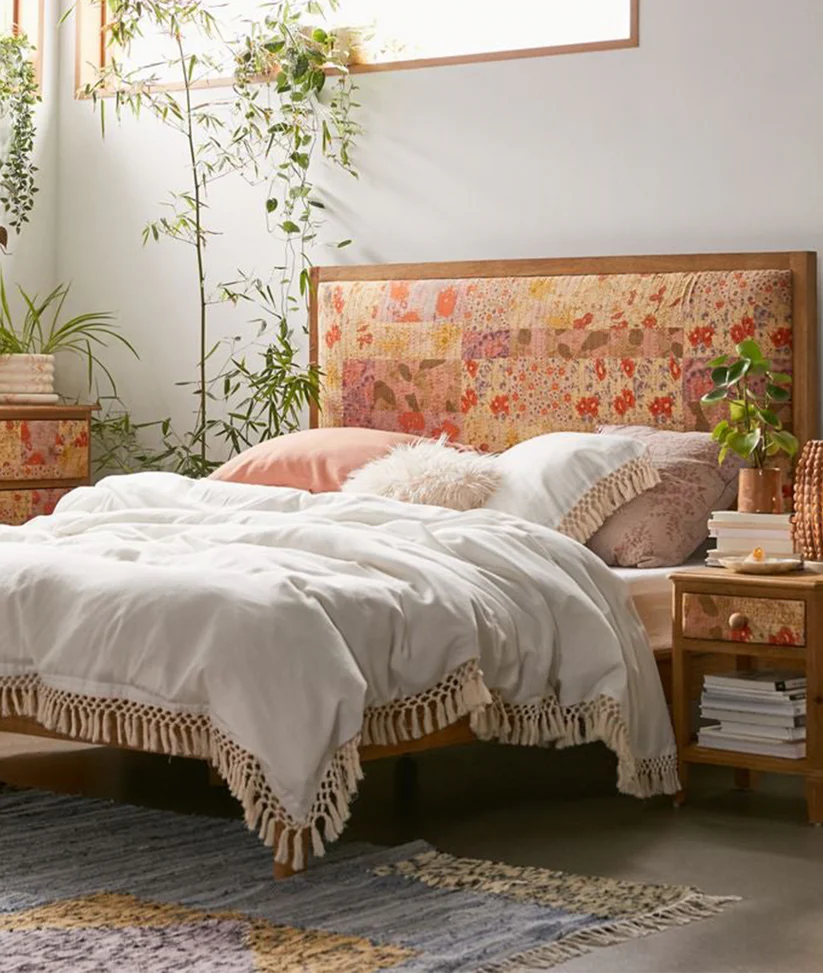 Voyage King Bed- Mango Wood Kantha Patchwork Upholstered Natural Tapered Legs Queen King CalKing