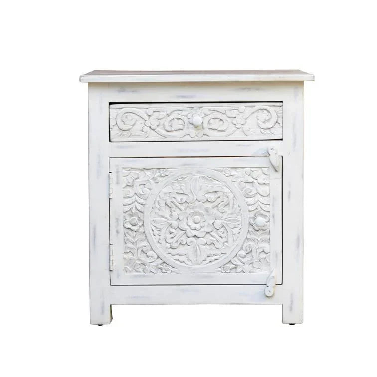 hand carved bedside table, mango wood bedside table, whitewashed bedside table, nightstand, 1 drawer bedside table, 1 door bedside table, lotus carved bedside table, medallion bedside table, indian carved furniture, bedroom bedside table, bedroom nightstand, bedside storage, handmade bedside table, artisan made nightstand, premium wood bedside table, quality wood furniture, durable nightstand, sturdy bedside table, timeless nightstand, elegant bedside table, heirloom nightstand, coastal bedside table, shabb