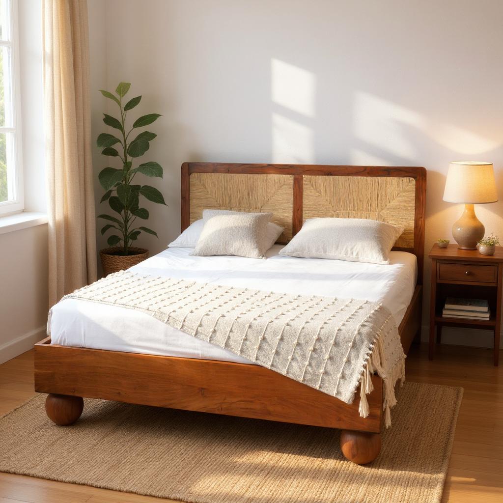 Thread Loom Queen Bed | Handcrafted Acacia Wood Bed with Thread-Woven Headboard | RIVO HOMES