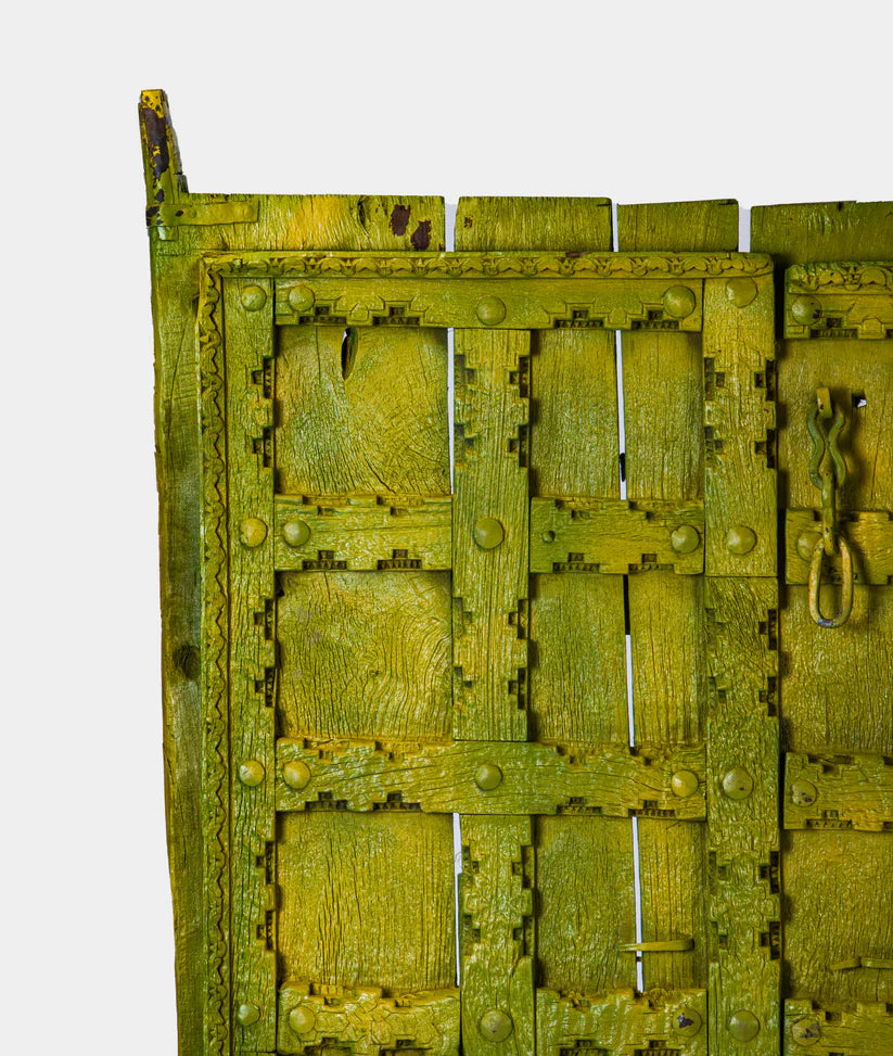 Unique Marwari Door — Solid Wood & Iron Stand, 94 × 171 cm, Distressed Olive Green