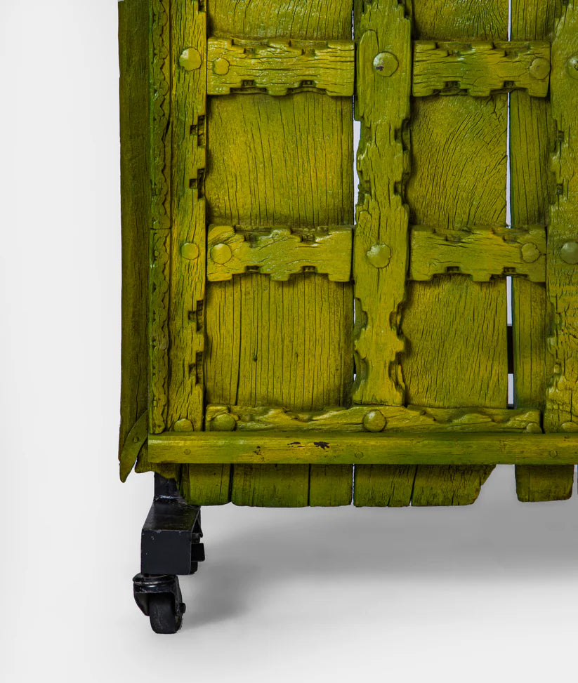 Unique Marwari Door — Solid Wood & Iron Stand, 94 × 171 cm, Distressed Olive Green