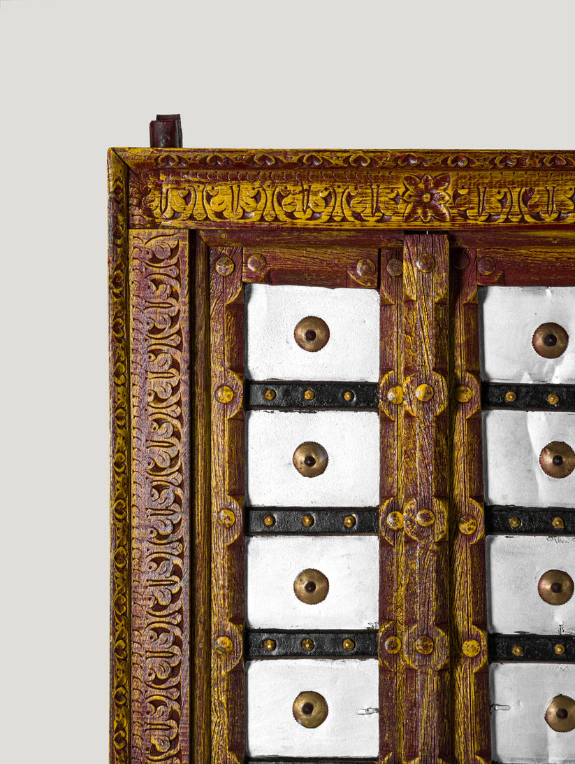 Vintage Indian Wooden Door — Solid Wood & Iron Stand, 64 × 164 cm, Mustard Yellow