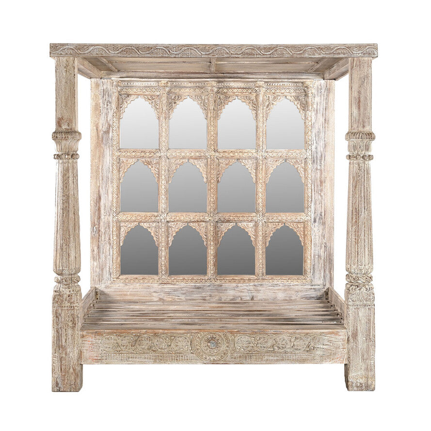 Wooden bench with mirror back on a white background