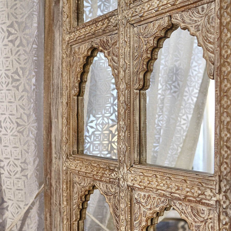 Royal Jharokha Canopy Bed - Handcrafted Solid Wood 4-Poster Bed with Mirrored Headboard