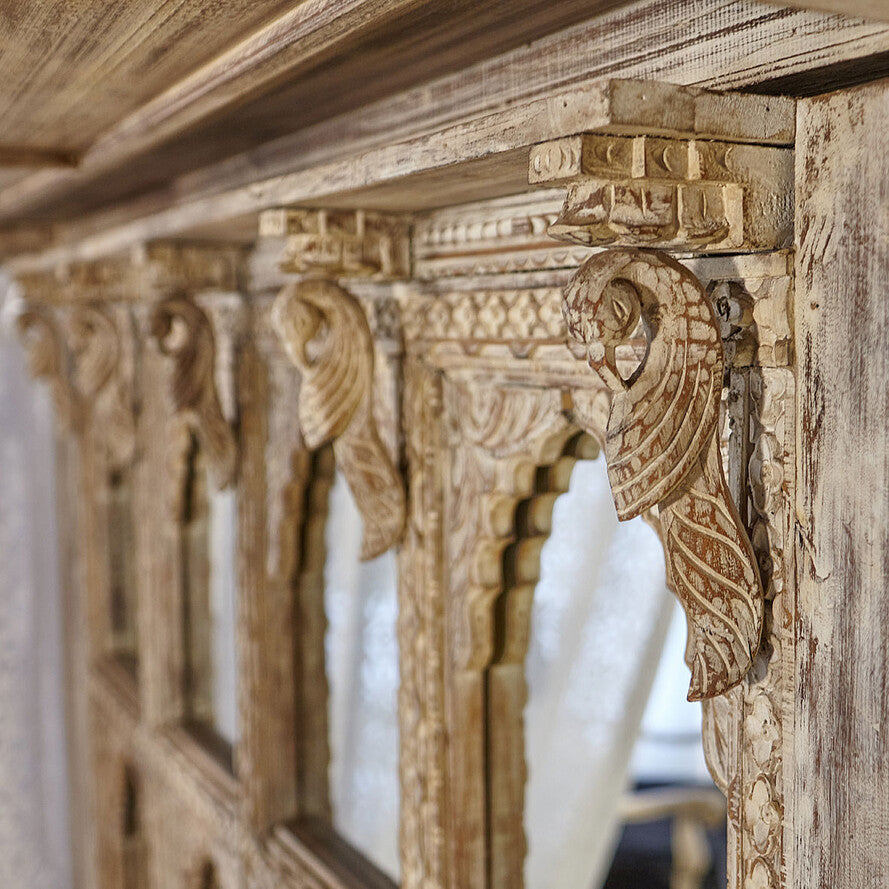 Royal Jharokha Canopy Bed - Handcrafted Solid Wood 4-Poster Bed with Mirrored Headboard