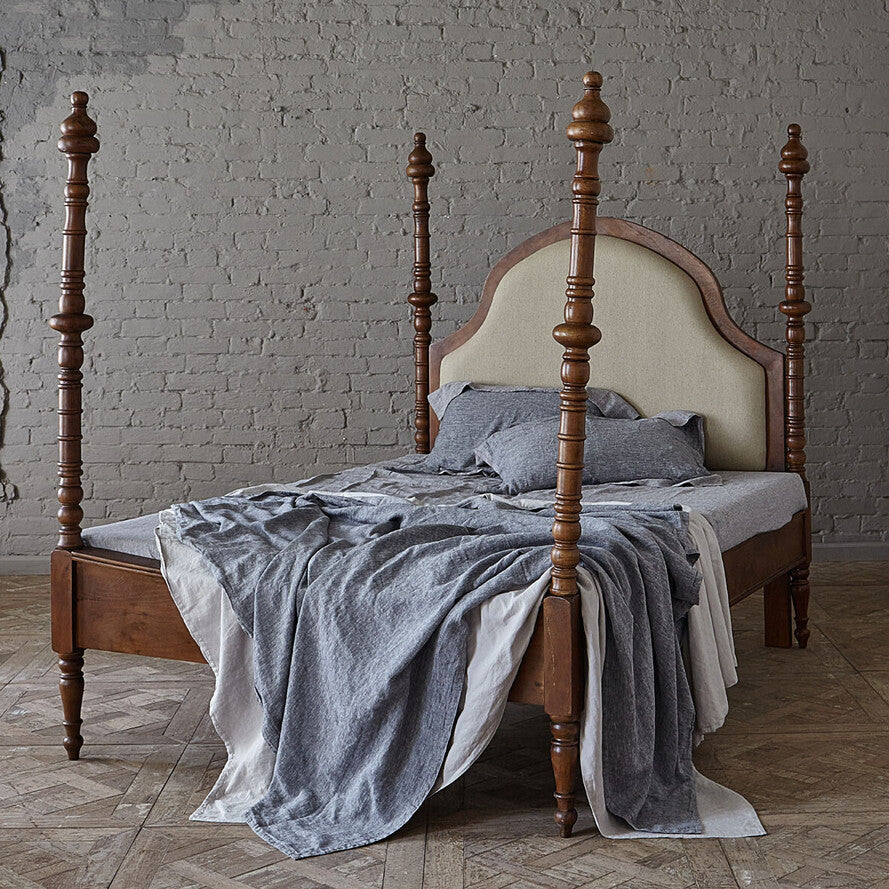Royal Mango Wood Canopy Bed - Handcrafted 160cm Four Poster Bed with Cotton Upholstery