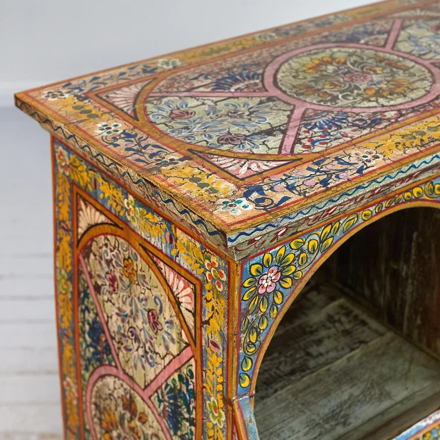 Mehendi Art Painted Mango Wood Rack - Handcrafted Multicolor Solid Wood Bookshelf